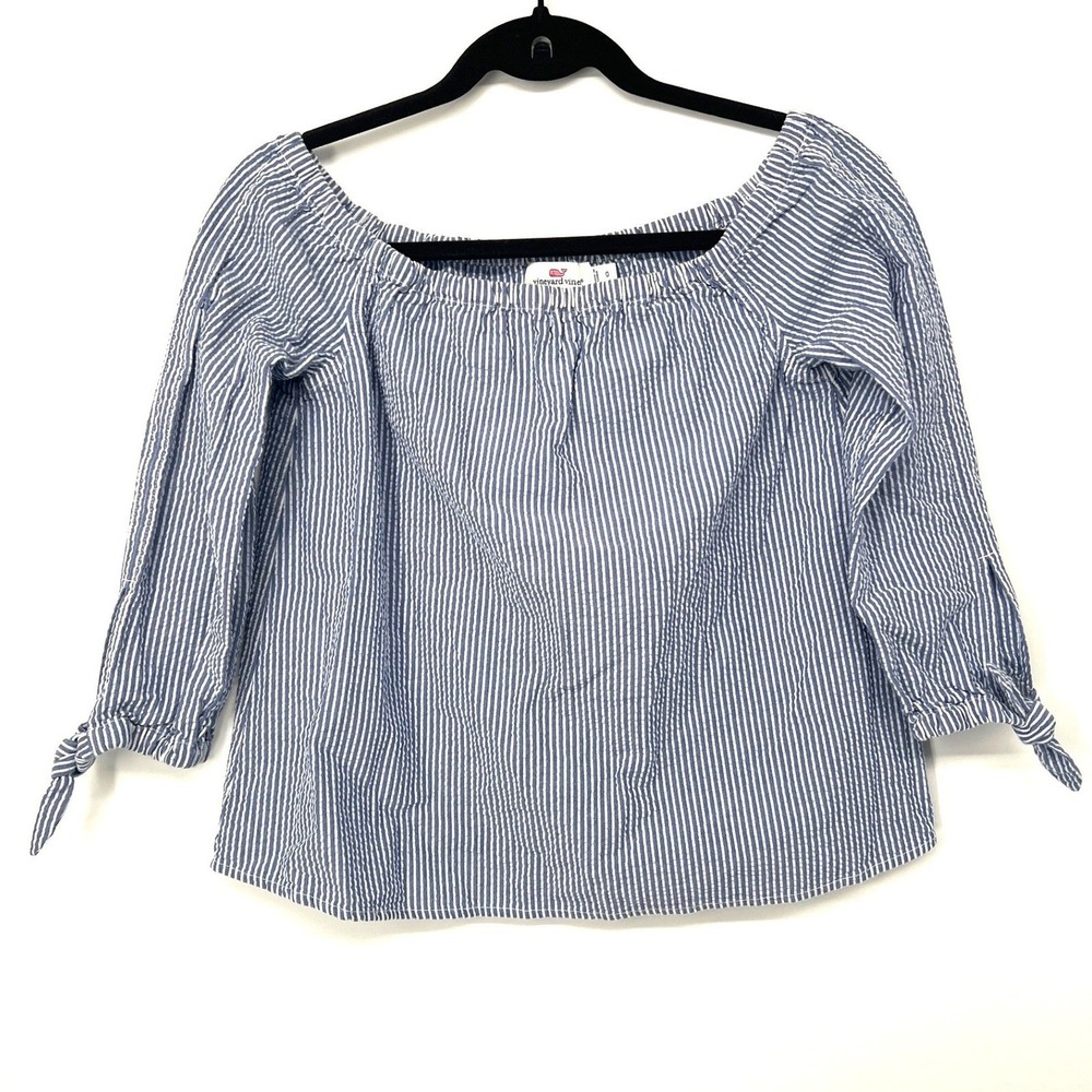 Vineyard Vines Blue Seersucker‎ Off Shoulder Cotton Top Size 0 Preppy Coastal